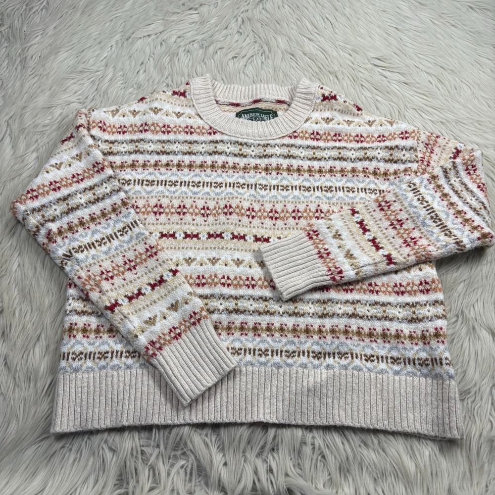 American Eagle Women's S‎ Fair Isle Striped Crew Sweater Cabincore Granola Girl